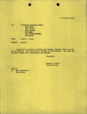 A letter from Ernest D. Ables to the Wilderness Technical Board about a meeting.