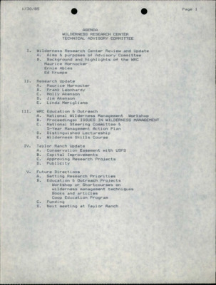 An agenda for the Wilderness Research Center Technical Advisory Committee, including a WRC review and update, a research update, WRC education and outreach, Taylor Ranch update, and future directions.