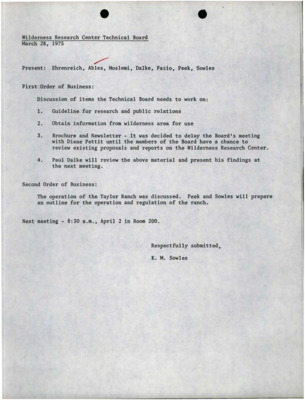 Meeting minutes from the Wilderness Research Center Technical Board meeting for March 28, 1975.