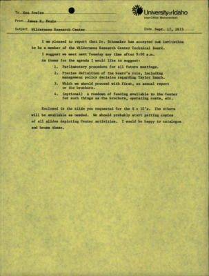 A memorandum from James R. Fazio to Ken Sowles about Dr. Schomaker becoming a member about the Wilderness Research Center Technical Board.