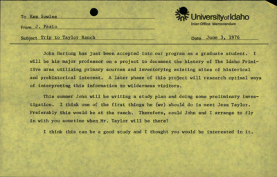 A memorandum from J. Fazio to Ken Sowles about a visit to Taylor Ranch.
