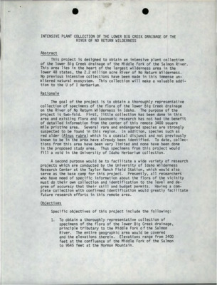 Intensive Plant Collection of the Lower Big Creek Drainage of the River of No Return Wilderness; Budget; Grant Request; Edwin E. Krumpe's Resume; Holly Anne Akenson Resume