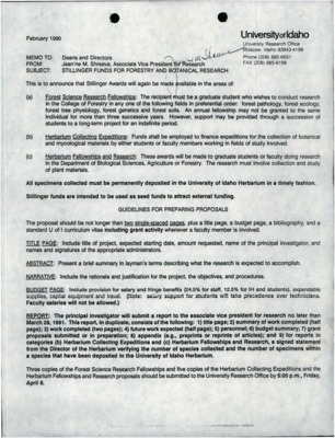 A memorandum from Jean'ne M. Shreeve to Deans and Directors about Stillinger Funds for Forestry and Botanical Research.