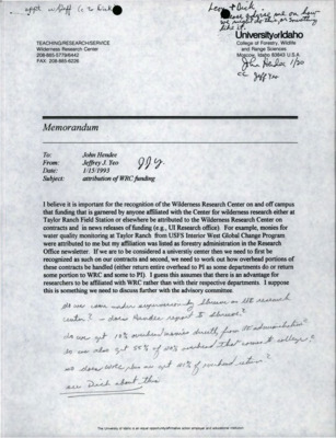 A memorandum from Jeffrey J. Yeo to John Hendee about Wilderness Research Center funding.