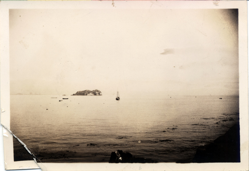 A sailboat and several canoes navigate an unidentified body of water. The number 51 is stamped on the back of the photograph.