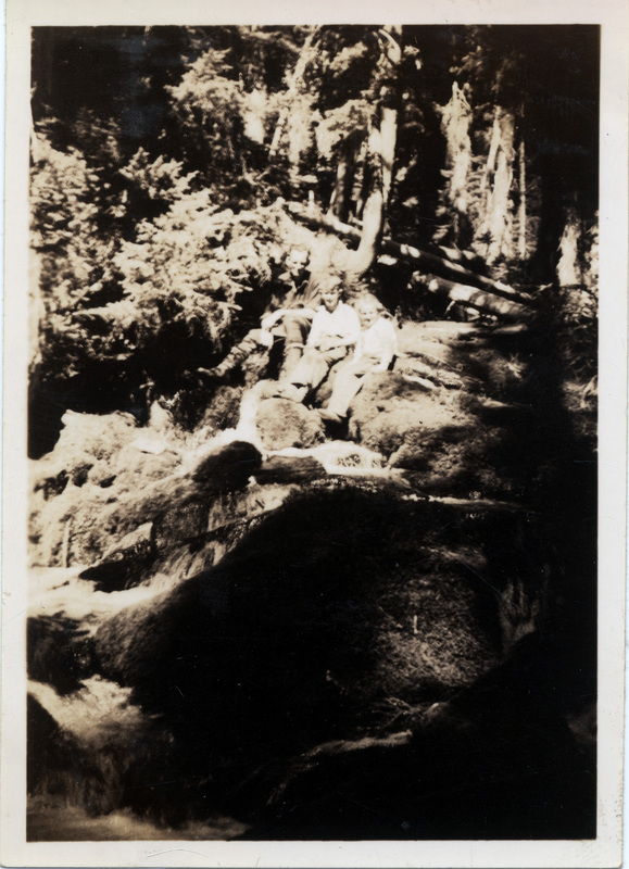 Three people pose together in a forest. The number 46 is stamped on the back of the photograph.