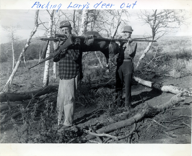 Two men carry a dead deer tied to long sticks. The photo is captioned: "Packing Larry's deer out." The number 213 is stamped on the back of the photograph.