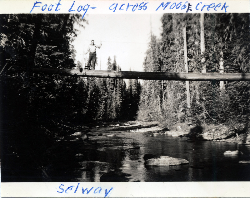 A person stands on a fallen log stretching across a creek. The photo is captioned: "Foot Log - across Moose Creek Selway." The back of the photograph is stamped with the number 199 and "Printed by The Camera Shop Sun Valley, Idaho Oct 15 1942."