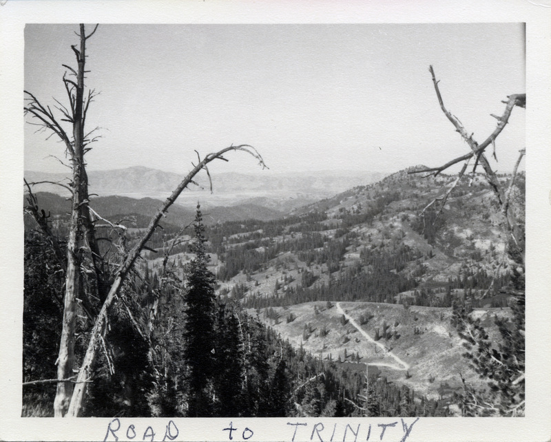 A view from above of a winding mountain road. "Road to Trinity" is written on the photograph.