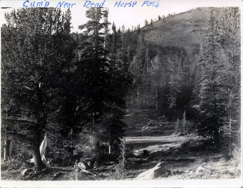 A person stands between a tent and a campfire in a forest area. "Camp near Dead Horse Pass" is written on the front of the photograph.