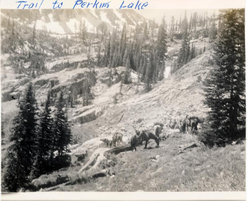 A group of people ride horses in a forest area. "Trail to Perkins Lake" is written on the front of the photograph.