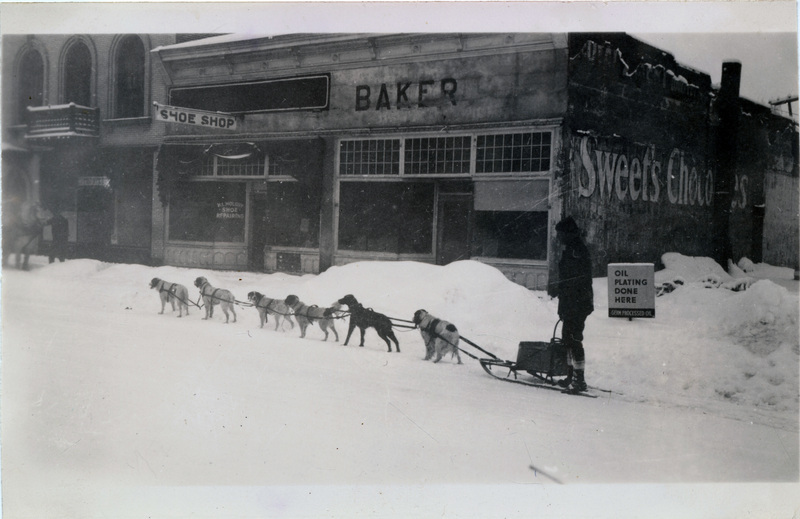 A team of dogs pulls a person through a snowy downtown street. The building behind the team has signs reading(l-r), "Post Office," "Shoe Shop," "H.L. Molony Shoe Repairing," "Baker" and "Sweet's Chocolates." A sign sticking out of the snow reads "Oil plating done here, germ processed oil." The back of the photograph is stamped with the number 2.