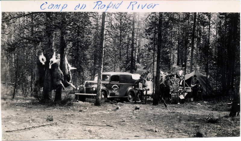 An automobile is parked at a forest camp site. Three deer carcasses are tied upside down to a tree, and a group of people set up a tent and campfire behind the automobile. "Camp on Rapid River" is written on the front of the photograph.