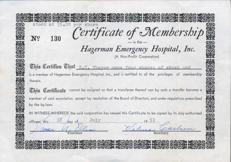 A Certificate of Membership in the Hagerman Emergency Hospital, Inc issued to S.Z. Thayer on July 18, 1951.