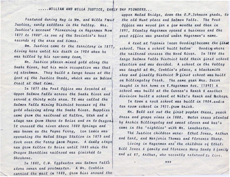 A flyer summarizing the pioneer history of William and Willa Frost Justice and their family. They flyer states that these early settlers are featured during May.
