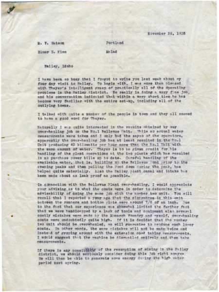A letter from Elmer E. Kime to M.V. Watson discussing Thayer's management of plant operations in Hailey and the possibility of resuming mining in the Hailey district.
