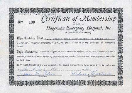 A Certificate of Membership in the Hagerman Emergency Hospital, Inc issued to S.Z. Thayer on July 18, 1951.