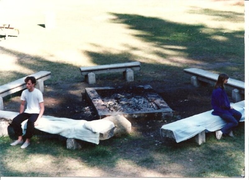 1987 Kelly Dawson-Moussaux and Eric Jacobson rehearse a scene from "Talk To Me Like The Rain and Let Me Listen" at the Shattuck Arboretum, The play was presented by the Collette Players and directed by Angel Katen.