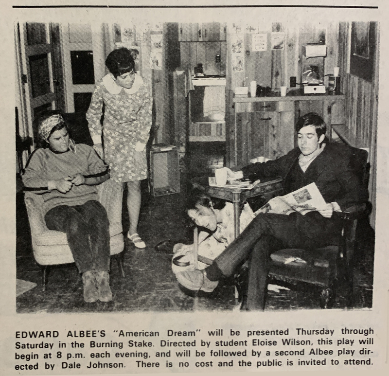 1970 Actors from "American Dream" post for a photo at the Burning Stake Coffeehouse which was once inside the Campus Christian Center.