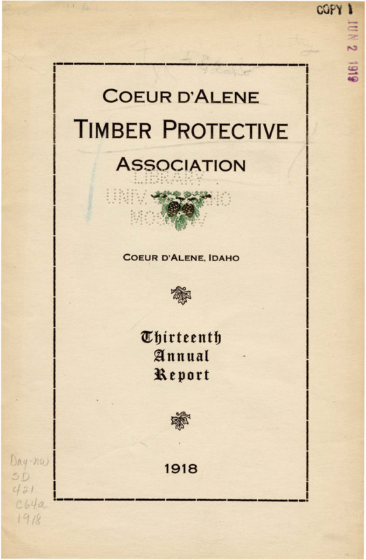 The thirteenth annual report of the Coeur d'Alene Timber Protective Association includes the association president's report, a report from the Fire Warden, and a financial report which shows that the cost of patrolling and firefighting was more than average for the 1918 fire season due to a larger patrol and the high cost of supplies. Patrolmen were able to take care of the 79 reported fires during the season with only a minimal loss of timber. The report also includes a table with descriptions of fires during the fire season, an inventory of firefighting equipment owned by the association, and a list of association members.