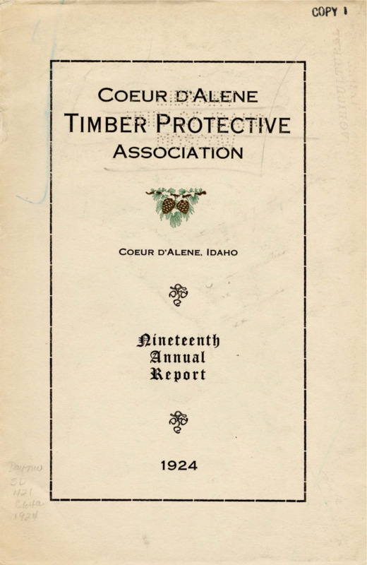 The nineteenth annual report of the Coeur d'Alene Timber Protective Association includes the association president's report, a financial report, and a report from the Fire Warden which describes the acquisition of a new fire pump and his preference for the old lookout station as opposed to the modern one. The report also includes a state examiner's certificate confirming a successful audit, a table with descriptions of fires during the fire season, an inventory of firefighting equipment owned by the association, and a list of association members.