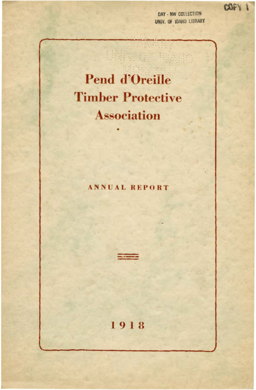 The 1918 annual report of the Pend d'Oreille Timber Protective Association includes a brief report from the secretary-treasurer, a financial report, and a report from the Fire Warden describing the fires and timber loss during the season, along with the purchase of new equipment and the hiring of new firefighters. The report also includes a table with descriptions of the 99 fires during the fire season.
