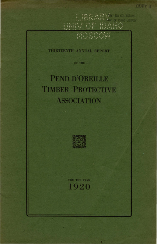 The 1920 annual report of the Pend d'Oreille Timber Protective Association includes the association president's report, a financial report, the auditor's report confirming a successful audit, the secretary-treasurer's report, and a report from the newly hired Fire Warden describing the fires during the season and recommendations for new equipment and improvements. The report also includes comparative statistics related to fires and rainfall from 1908-1920 and a table with descriptions of the 62 fires during the fire season.