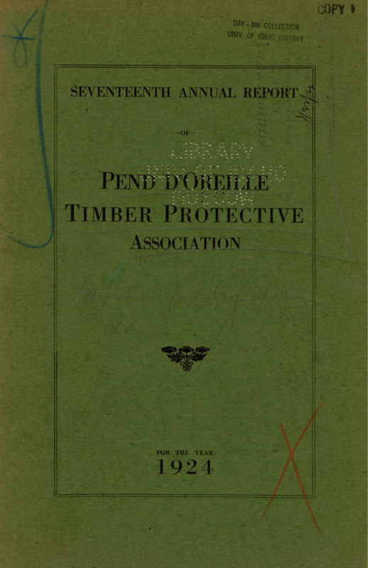 The 1924 annual report of the Pend d'Oreille Timber Protective Association includes a financial report, the auditor's report confirming a successful audit, the secretary-treasurer's report, and a report from the Chief Fire Warden describing the fires during the 1924 fire season (described as one of the longest fire seasons on record), burning permits issues to settlers, and recommendations for new equipment. Additionally, there is a report from the Deputy State Fire Warden on the findings and data from the Blister Rust Control Investigation. The annual report also includes comparative statistics related to fires and rainfall from 1908-1924, a table with descriptions of the 176 fires during the fire season, and a summary of the national forest fire situation and reforestation policies.