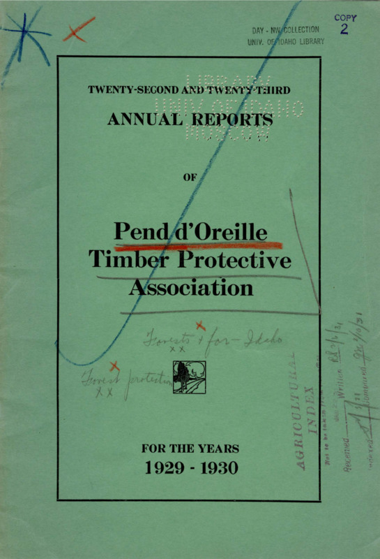 The 1929-1930 biennial reports of the Pend d'Oreille Timber Protective Association include financial reports, auditor's certificates, a report from the new Chief Fire Warden on the 1929-1930 fire seasons, the secretary-treasurer's report, and comparative statistics related to fires and rainfall from 1908-1930. The Fire Warden's report states that the 1929 fire season was "the most expensive and hazardous this territory has ever known" with 189 fires reported. The secretary-treasurer's report summarizes that many members withdrew from the association after bills were paid for the 1929 fire season and that in 1930, the area protected by the association was reduced from from 750,000 to 330,000 acres.