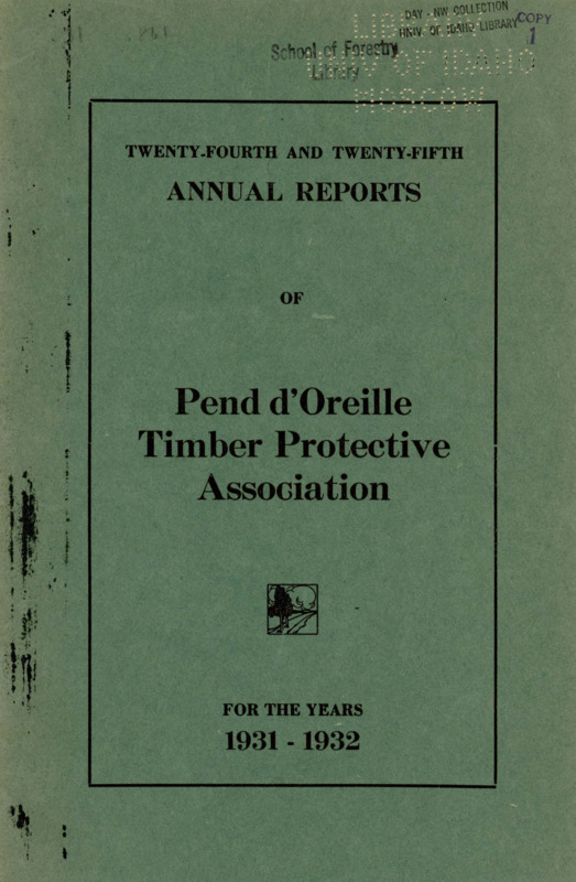 The 1931-1932 biennial reports of the Pend d'Oreille Timber Protective Association include financial reports, an auditor's certificate for 1931, the secretary-treasurer's report, a report from the Chief Fire Warden on operations during the 1931-1932 fire seasons, and comparative statistics related to fires and rainfall from 1908-1932. The Fire Warden's report highlights the dry weather and low humidity during the 1931 fire season in which there were 104 fires and notes the decrease in wages for wardens and temporary firefighters in 1931 and 1932.