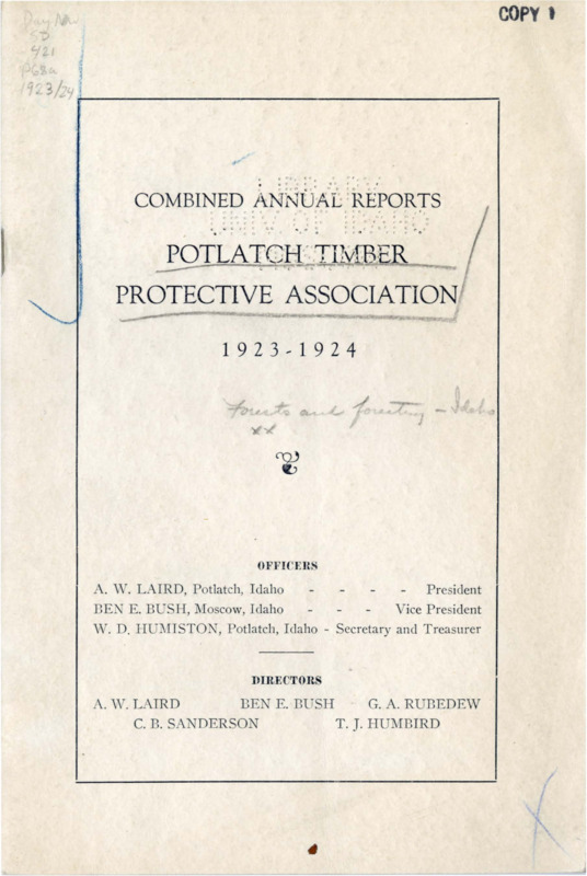 The 1923-1924 combined annual reports of the Potlatch Timber Protective Association include financial reports, auditing reports, and two separate reports from the Fire Warden on the 1923 and 1924 fire seasons. The Fire Warden described 1923 as a favorable season and reported on operations and many improvements, such as new trails, new telephone lines, and headquarters improvements. In his 1924 report, the Fire Warden described the fire season as more hazardous and reported on operations, improvements, and the purchase of a new fire pump. The annual report also features tables about climactic conditions and tables related to fire locations and damage during the 1923 and 1924 fire seasons.