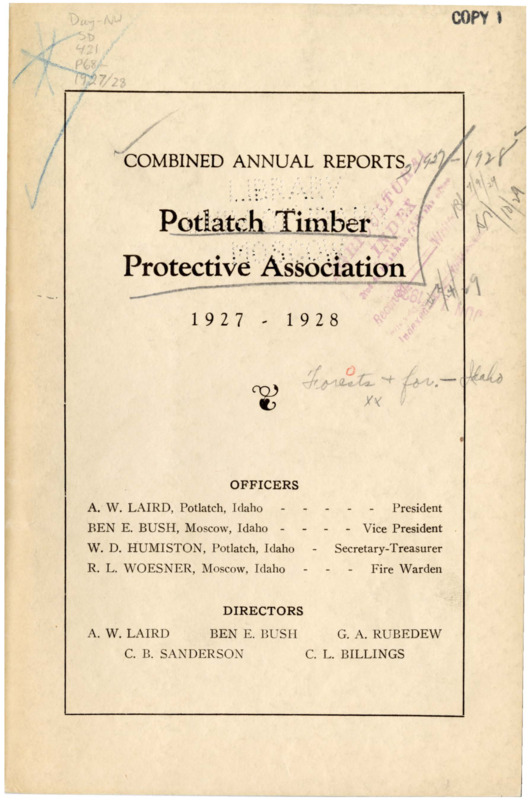 The 1927-1928 combined annual reports of the Potlatch Timber Protective Association include financial reports, auditing reports, and a combined report from the Fire Warden on the 1927 and 1928 fire seasons. The warden describes the 1927 season as favorable, whereas the 1928 season was more hazardous and sustained twice as many fires as 1927. He also provides information on the Fallon Fire Law and the Clarke-McNary Act and reports on general operations, labor conditions, new trails and lookout towers, and an inspection conducted by the Idaho State Board of Land Commissioner. The annual report features tables about climactic conditions and tables related to fire locations and damage during the 1927 and 1928 fire seasons.