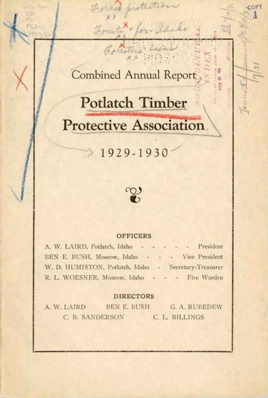The 1929-1930 combined annual reports of the Potlatch Timber Protective Association include financial reports, auditing reports, and a combined report from the Fire Warden on the 1929 and 1930 fire seasons. The warden describes the 1929 season as the longest and driest on record, with greater fire damage than any season since 1919, whereas the 1930 season was more favorable and had fewer fires. He provides information on Idaho forestry laws and a change in district boundaries and reports on general operations and improvements, such as new trails, telephone lines, lookout towers, and headquarters improvements. The annual report features tables about climactic conditions and tables related to fire locations and damage during the 1929 and 1930 fire seasons.