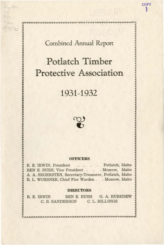 The 1931-1932 combined annual reports of the Potlatch Timber Protective Association include financial reports, auditing reports, and two separate reports from the Fire Warden on the 1931 and 1932 fire seasons. The warden describes 1931 as one of the worst seasons due to an increase in incendiarism with more losses in farm homes than previous seasons, whereas 1932 was the most favorable fire season since 1923 in terms of losses and expenses. The warden calls for more protection from incendiarism and reports on a members' inspection trip, the opening of a new Headquarters at Elk River, general operations, and improvements, such as new trails, lookouts, and telephone lines. The annual report features tables about climactic conditions and tables related to fire locations and damage during the 1931 and 1932 fire seasons.