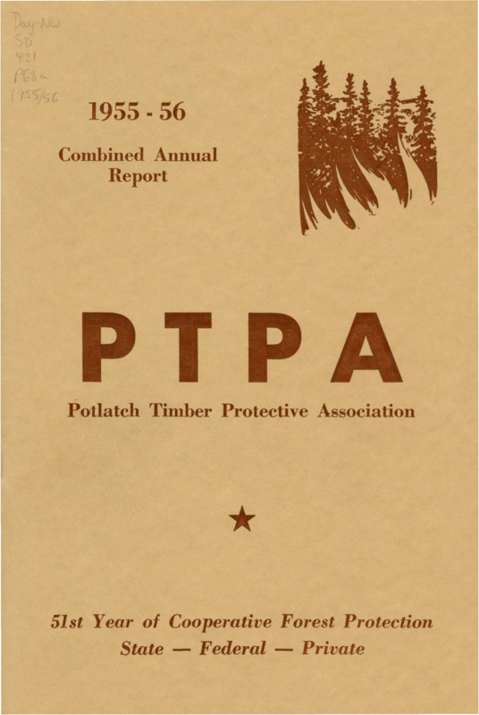 The 1955-1956 combined annual reports of the Potlatch Timber Protective Association include financial reports and two separate reports from the Fire Warden on the 1955 and 1956 fire seasons. The warden describes 1955 as a safe fire season with only 26 fires recorded and 1956 as a very successful fire season with minimal timber loss. The warden reports on fire training and fire conferences, the "Keep Idaho Green" publicity campaign, air operations, forest insect control, blister rust control, improvements, and recommendations for the future. The annual report features tables about climactic conditions and tables related to fire locations and damage during the 1955 and 1956 fire seasons.