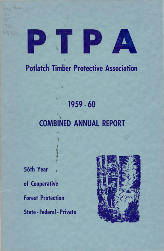 The 1959-1960 combined annual reports of the Potlatch Timber Protective Association include financial reports, a report on blister rust control operations, and a combined report from the Fire Warden on the 1959 and 1960 fire seasons. The warden describes 1959 as a short fire season with some severe electrical storms, whereas 1960 was a short fire season that began as potentially dangerous but turned out to be milder after rains and cooler weather started in August. The warden reports on the association's insurance coverage, the use of fire retardants like borate, the use of helicopters, and repairs and improvements. The annual report features tables about climactic conditions and tables related to fire locations and damage during the 1959 and 1960 fire seasons.