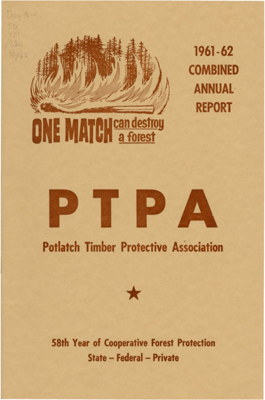 The 1961-1962 combined annual reports of the Potlatch Timber Protective Association include financial reports and a combined report from the Fire Warden on the 1961 and 1962 fire seasons. The warden describes 1961 fire season as severe and dangerous with severe thunderstorms, whereas the 1962 fire season was far more normal with rain, cool weather, and less thunderstorms. The warden reports on blister rust control operations, general operations, and improvements, such as improved refrigeration at the association headquarters, road and bridge renovations, and better communications equipment. The annual report features tables about climactic conditions, a comparison table between the 1910 and 1961 fire seasons, and tables related to fire locations and damage during the 1961 and 1962 fire seasons.