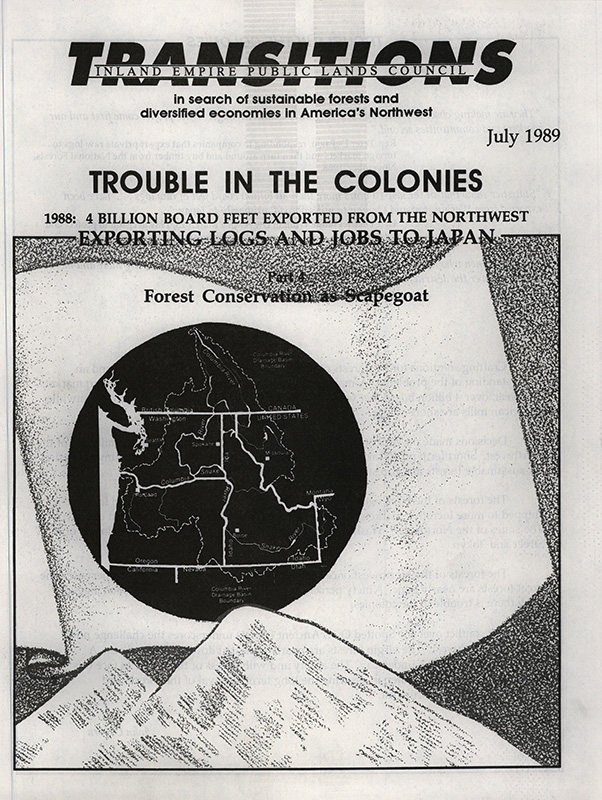 Osborn, John--Trouble In The Colonies; Thorne, Duncan--Huge new pulp mill considered--The Edmonton Journal, 1989-7-8(Edmonton, Alberta); Laghi, Brian--Minister under fire over shares in firm--The Edmonton Journal, 1989-7-8(Edmonton, Alberta); McKeen, Scott--Alta. Forestry plans scare American--The Edmonton Journal, 1989-7-7(Edmonton, Alberta); Williams, B.J.--Timber: Trouble in the Colonies--Pacific Northwest, 1988-12; Williams, B.J.--Timber: Our Vanishing Forests-- Pacific Northwest, 1989-1; Koberstein, Paul--Majority of voters favors ban on export of logs--The Oregonian, 1989-6-22(Portland, OR); Oregonians vote against export of logs--The Spokesman Review, 1989-6-28(Spokane, WA)