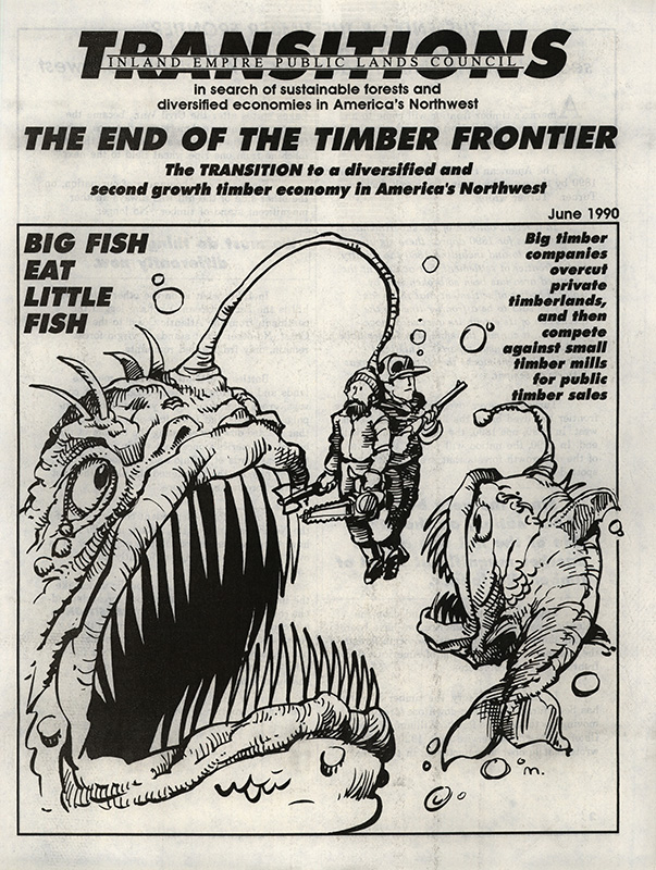 Osborn, John--The End Of The Timber Frontier, The Transition to a diversified and second growth timber economy in America's Northwest; Trillhaase, Marty--Bush invokes Indian's words, President's Spokane visit stresses environmentalism--Lewiston Tribune, 1989-9-20(Lewiston, ID); Logging on private land sets record--The Spokesman Review, 1990-5-28(Spokane, WA); Private timberlands overcut, officials say--The Spokesman Review, 1990-4-14(Spokane, WA); Devlin, Sherry--The Rough Cut of Competition--Missoulian, 1990-1-14(Missoula, MT); Savage, J. A.--Bit timber grapples with computer issue--Computerworld, 1989-9-11; Down side of mill upgrade--Missoulian, 1989-11-16(Missoula, MT); Jones, Grayden--Timber industry job loss expected--The Spokesman Review, 1989-9-26(Spokane, WA); Perry, Tondee--Economic base of rural Idaho shifts--The Idaho Business Review, 1990-5-28; Sonner, Scott--Rising harvests won't save timber workers--Lewiston Tribune, 1990-4-18(Lewiston, ID); Wahpepah, Wilda--Study suggests timber towns diversify economies for survival-- The Oregonian, 1990-4-6(Portland, OR); Curbs on logging are painful, inevitable--Columbian, 1990-4-8(Vancouver, WA); Exterminating owls won't save timber jobs--Lewiston Tribune, 1990-4-8(Lewiston, ID); Rauve, Bekka--Plan is scrutinized--Shoshone News-Press, 1990-5-30(Kellogg, ID); Devlin, Sherry--Independents call for standard rules--Missoulian, 1990-4-29(Missoula, MT); Brandemihl, Keith--Study is overdue--The Independent Record, 1990-5-23(Helena, MT); Bickering blamed for logging safety woes--Lewiston Tribune, 1989-9-16(Lewiston, ID); Anez, Bob--'You got snookered' Speakers decry labor's fate in the face of big business profits--Missoulian, 1989-8-18(Missoula, MT); Lumber-rating technology receives paten, Methods developed at WSU could save particleboard plants money--Lewiston Tribune, 1989-2-12(Lewiston, Tribune); Seminar eyes goals to improve economy--Sanders Country Ledger, 1989-3-9(Thompson Falls, MT); Forest Service helps wean towns from timber--Lewiston Tribune, 1990-1-19(Lewiston, ID); Jones, Grayden--Small woodlots gain new importance, Potential timber shortage has sawmills, brokers turning to small private forests--The Spokesman Review, 1989-8-20(Spokane, WA); Jones, Grayden--Specialty mills flex their muscles, ''Secondaries' viewed as solution to log shortage--The Spokesman Review, 1990-1-14(Spokane, WA); Timber supply blame, There's plenty to go around, including some for the industry--Bozeman Daily Chronicle, 1990-4-25(Bozeman, MT)
