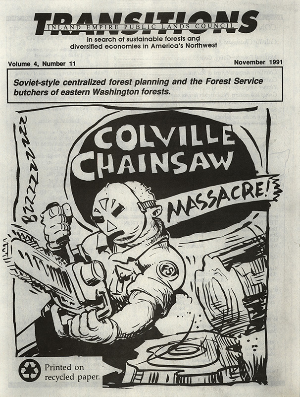 Osborn, John--Colville Chainsaw Massacre; National Forests: Going, Going--The New York Times, 1991-10-5(New York, NY); Sonner, Scott--Timber trouble--Lewiston Tribune, 1991-10-9(Lewiston, ID); Promises, promises--Missoulian, 1991-10-13(Missoula, MT); Johnson, K. Norman, Franklin, Jerry F., Thomas, Jack Ward, Gordon, John--Colville Desperately Needs Science: The 'Gang of Four' recommends that Congress take action on east-side forests--Alternatives for management of late-successional forests of the Pacific Northwest, 1991-10-8; Titone, Julie--Colville old-growth policies criticized--The Spokesman Review, 1991-8-18(Spokane, WA); Timber companies overcut own land, eye public forests--The Spokesman Review, 1988-10-17(Spokane, WA); Wiley, John K.--Group says eastern Washington forests sacrificed--Lewiston Tribune, 1990-7-17(Lewiston, ID); The region, Forest officials halt Colville timber sale--Idaho Statesman, 1991-6-3(Boise, ID); Titone, Julie--Water firm wades into forest fight--The Spokesman Review, 1990-12-26(Spokane, WA); Titone, Julie--Ferry County timber sale fifth appealed--The Spokesman Review, 1991-1-17(Spokane, WA); McAleer, Darla--Colville Forest timber sale put on hold--Boundary county News, 1991-6-11; 1907: Roosevelt establishes the Colville National Forest, Forest Millions Saved To Nation--The Spokesman Review, 1907-3-8(Spokane, WA); Acted To Prevent Monopoly--News Bureau of The Spokesman Review, 3-5(Washington, D.C.); The Spokesman Review, Cutting Away Our Forests--The Spokesman Review, 1902-6-26(Spokane, WA); Save The Forests--The Spokesman Review, 1907-3-8(Spokane, WA)