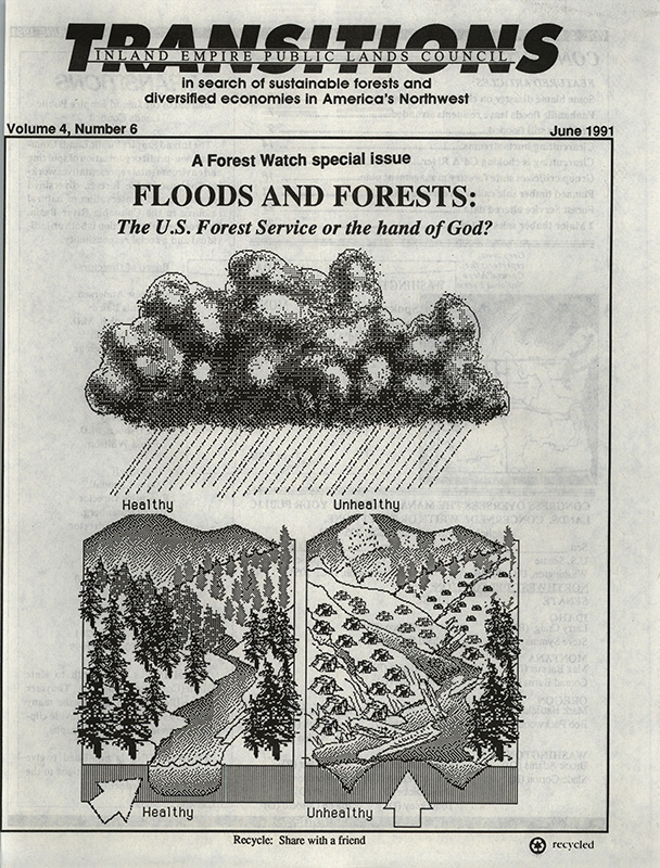 Osborn, John--Floods And Forests: The U.S. Forest Service or the hand of God?; Some blame disaster on clearcuts, development--Lewiston Tribune, 1990-11-27(Lewiston, ID); 3 die in Washington floods, Thousands flee homes; portion of I-5 closed--The Spokesman Review, 1990-1-11(Spokane, WA); Bender, David--Panhandle floods leave residents stranded--The Spokesman Review, 1990-11-26(Spokane, WA); Flood damage to public facilities estimated at nearly $17 million--The Spokesman Review, 1990-2-25(Spokane, WA); Douglass, Fran--Residents still flooded--Shoshone News Press, 1991-5-28(Kellogg, ID); Kappesser, Gary--A Procedure For Evaluating Risk Of Increasing Peak Flows From Rain On Snow Events By Creating Openings In The Forest Canopy--Idaho Panhandle National Forests, 1991-3; Sher, Jeff--Clear-cutting hurts streams--The Spokesman Review, 1983-6-23(Spokane, WA); Bentley, Elton--European Foresters Warned Us--North Fork Of The Coeur D'Alene River, Lives of Old Timers; Sher, Jeff--Clearcutting is choking Cd'A River--The Spokesman Review, 1985-7-28(Spokane, WA); Rauve, Bekka--Group criticizes state forestry management plan--Shoshone News Press, 1989-9-27(Kellogg, ID); Rauve, Bekka--Local group, Forest Service will work together, Forest watchers inform themselves--Shoshone News Press, 1990-5-5(Kellogg, ID); Horner, Ned J.--Reference: Freezout And Short Riley DN--Idaho Fish & Game Region 1, 1990-11-5(Coeur d'Alene, ID); Titone, Julie--Planned timber sale called threat to trout--The Spokesman Review, 1990-11-12(Spokane, WA); Titone, Julie--Forest Service altered date to OK logging, environmentalists say--The Spokesman Review, 1990-9-26(Spokane, WA); Titone, Julie--2 major timber sales halted, Forest Service ruling delights environmentalists--The Spokesman Review, 1991-4-27(Spokane, WA)