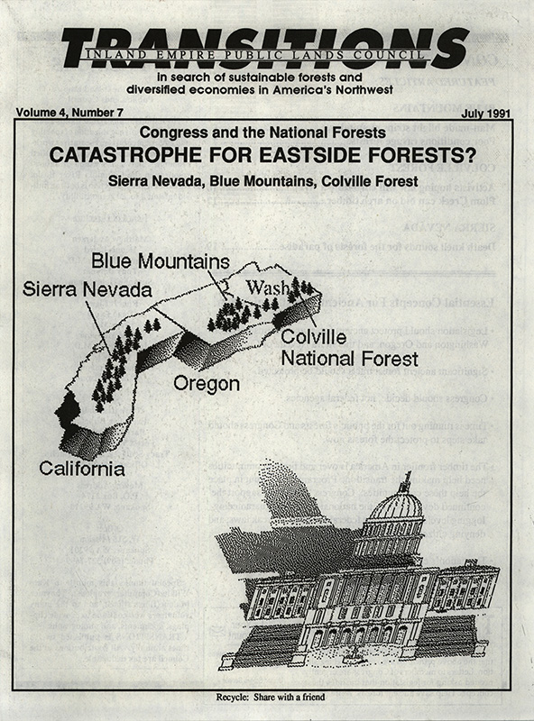 Osborn, John--Catastrophe For Eastside Forests? Sierra Nevada, Blue Mountains, Colville Forest; Taylor, Rob--Man-made blight strips mountains, 'Catastrophe' feared east of Cascades--Seattle Post-Intelligencer, 1991-6-25(Seattle, WA); Durbin, Kathie--Poor conditions ravage forests--The Oregonian, 1991-4-15(Portland, OR); Titone, Julie--Activists hoping law will curb timber firm--The Spokesman Review, 1991-3-10(Spokane, WA); Titone, Julie--Plum Creek can bid on area timber; 'Voodoo forestry' used to hike sales--The Spokesman Review, 1990-3-25(Spokane, WA); Knudson, Tom--The Sierra in Peril, Death knell sounds for the forests of paradise--Sacramento Bee, 1991-6-11(Sacramento, CA)
