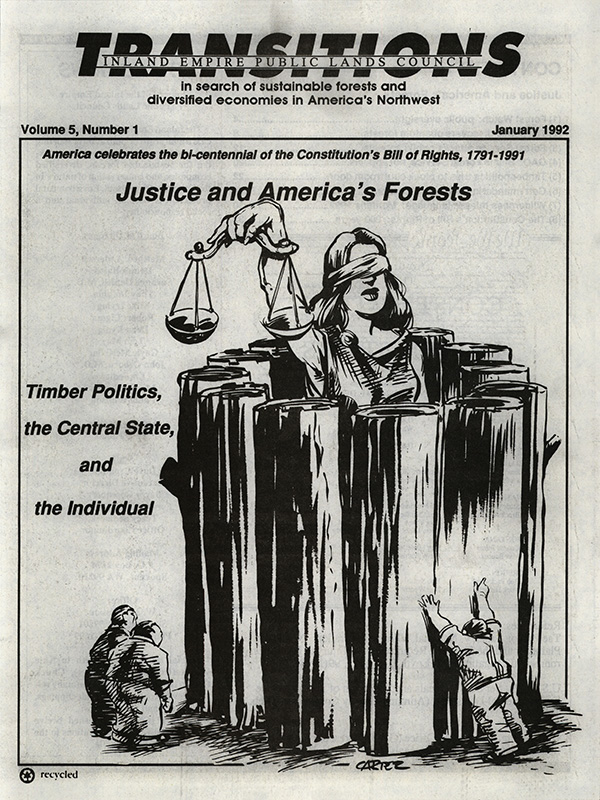 Osborn, John--Justice and America's Forests, Timber Politics, the Central State, and the Individual; Rosenberg, Barry--'Frivolous Appeals' vs. Reality--IEPLC; Loftus, Bill--Forest Watch is taking root in northern Idaho--Lewiston Tribune, 1991-5-20(Lewiston, ID); Consent of the governed--The Spokesman Review, 1991-7-4(Spokane, WA); Devlin, Sherry--Forest supervisors can't make cut--Missoulian, 1991-9-21(Missoula, MT); Logging targets--Missoulian, 1991-10-16(Missoula, MT); JRB--Still 'frivolous'?--Post Register, 1991-12-5(Idaho Falls, ID); Schwennesen, Don--GAO report: Flathead timber target too high--Missoulian, 1991-5-17(Missoula, MT); Loftus, Bill--Forest Service expects area timber sales to drop sharply--Lewiston Tribune, 1991-10-9(Lewiston, ID); Devlin, Sherry--Let 'em log, Forest Service official urges ban on timber-sale appeals--Missoulian, 1991-8-30(Missoula, MT); Devlin, Sherry--Let him go, Conservationists want official fired for urging ban on appeals--Missoulian, 1991-8-31(Missoula, MT); Sonner, Scott--U.S. Timber Supply, Forest chief: Appeals create log shortage--Lewiston Tribune, 1991-11-22(Lewiston, ID); JRB--Robertson should go--Post Register, 1991-11-5(Idaho Falls, ID); Sonner, Scott--No appeals, Forest Service seeks to clip the wings of owl advocates--Missoulian, 1991-8-8(Missoula, MT); Ludwick, Jim--Clearcut might look like home to USDA chief--Missoulian, 1991-9-15; F., J.--Eat a cow, fall a tree, make Ed Madigan happy--Lewiston Tribune, 1991-9-22(Lewiston, ID); Sonner, Scott--White House rejects claims of over cutting--The Oregonian, 1991-10-18(Portland, OR); Loftus, Bill--Hey Chief, campers hammer top U.S. forester--Lewiston Tribune, 1988-8-21(Lewiston, ID); Management Sciences Staff--Forest Service--Appeals and Litigation of Forest Service Environmental Decisions, 1987-2(Berkeley, CA); GAO Report: Forest Service - Information on the Forest Service Appeals System--1989-2-16; Duston, Diane--Timber appeals not responsible for sale delays, Faulty Forest Service analysis to blame, GAO officer insists--The Spokesman Review, 1989-5-19(Spokane, WA); Judge dismisses groups' challenge to forest plans--The Spokesman Review, 1990-8-15(Spokane, WA); Miller, Dean-- Timber firms hail dismissal of challenge--The Spokesman Review, 1990-8-17(Spokane, WA); Rauve, Bekka--Coalition will appeal USFS plan--Shoshone News Press, 1990-10-9(Kellogg, ID); Osborn, John and Henderson, Kent--Forest Service playing 'shell game'--The Spokesman Review, 1989-1-1(Spokane, WA); Proposed old-growth law would sharply limit court access--Lewiston Tribune, 1989-7-29(Lewiston, ID); Closing courtroom door--The Oregonian, 1988-6-27(Portland, OR); Klahn, Jim--Spotted-owl case goes to high court tomorrow, Suit's outcome could define separation of powers--The Seattle Times / Seattle Post-Intelligencer, 1991-12-1(Seattle, WA); Panel backs off from mandatory logging levels--Idaho Statesman, 1991-10-18(Boise, ID); Avoid quick fix for forests, Congress needs to craft long-term bill for federal timber, not force through another temporary patch--The Oregonian, 1991-10-10(Portland, OR); Lewis, Neil A.--Northwest issues at center of debate over splitting federal appeals court--Lewiston Tribune, 1990-3-10(Lewiston, ID); 9th Circuit judges oppose splitting their jurisdiction--Missoulian, 1989-7-15(Missoula, MT); Split won't speed appeals--Missoulian, 1990-2-22(Missoula, MT); Timber bosses may find way to roadless land--Post Register, 1987-7-22(Idaho Falls, ID); Craig, John J., Metzgar, Lee, Jonkel, Charles, Horejsi, Brian, Noss, Reed, Stewart Brandborg, J. Frederick Bill, Mitchell, John J., Hornocker, Maurice, Woodgerd, Wes, Craighead, Derek, Craighead, Frank C. Jr., Bader, Michael G., Merritt, Clifton R., Olsen, Lance--Letter to Rep. George Miller--1991-10-11; Sonner, Scott-- Wilderness bill in loggers' clothing; Lewiston Tribune, 1991-12-15(Lewiston, ID); Pinchot, Gifford--The Constitution's Bill of Rights: 200 years--The Fight for Conservation, 1911; Knutson, Lawrence L.--Fight for amendments preceded Constitution--The Spokesman Review, 1991-12-8(Spokane, WA); Burns, Candace--In Lemhi County, fear keeps many environmentalists silent--Post Register, 1991-11-28(Idaho Falls, ID); Power to the people--The Oregonian, 1991-8-24(Portland, OR); Fraser, Maria B.--Listen closely to Metcalf's words--Missoulian, 1991-11-21(Missoula, MT); Ferrell, Douglass--A different view of appeals--Kootenai Valley Eagle, 1988-10-21(Libby, MT); 'Interfere' to enforce--Missoulian, 1991-8-11(Missoula, MT); F., J.--The Forest Service only has ears for Congress--Lewiston Tribune, 1991-9-4(Lewiston, ID); Maintain forest appeals--The Oregonian, 1991-11-8(Portland, OR)