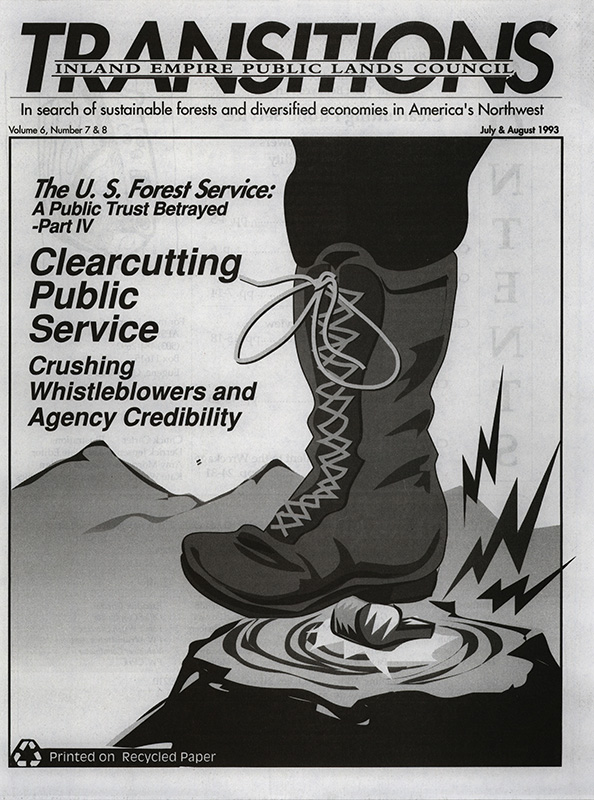 Osborn, John--Clearcutting Public Service; Folger, Sara--Citizen Oversight of the Public's Forests; Crandall, Dave--Clinton's Forest Plan: A Good Step that Needs Improvement; Lynch, Jim--Timber plan sets no limits for East Side--The Spokesman Review, 1993-7-2(Spokane, WA); Kenworthy, Tom--Foley Casts Doubts on Clinton's Northwest Timber Plan--The Washington Post, 1993-6-29(Washington, D.C.); Lynch, Jim--Memo: Forest plan should suit Foley--The Spokesman Review, 1993-6-19(Spokane, WA); Camden, Jim--Foley says timber policy not tailored for him--The Spokesman Review, 1993-6-22(Spokane, WA); Nelson, Robert T. and Pryne, Eric--Forest plan has few surprises, friends--The Seattle Times, 1993-7-1(Seattle, WA); Foley: dancing, but not leading on timber issue--Moscow-Pullman Daily News, 1993-6-24(Pullman, WA); Foley must back timber proposal--Seattle Post-Intelligencer, 1993-6-23(Seattle, WA); McCormick, John--Can't See the Forest for the Sleaze--The New York Times, 1992-1-29(New York, NY); Sonner, Scott--Ex-agent alleges FS cover-ups--Missoulian, 1992-1-27(Missoula, MT); Bradley, Carol--Forest Service whistleblowers blast 'get-the-cut-out' attitude--Idaho Statesman, 1992-3-27(Boise, ID); Sonner, Scott--FS revolt swells from the trenches--Missoulian, 1992-4-5(Missoula, MT); Schwennesen, Don--Forest biologist cites pressure to sell--Missoulian, 1992-3-31(Missoula, MT); Scientist says agency forced him out--The Spokesman Review, 1992-2-27(Spokane, WA); Titone, Julie--Forest worker says her beliefs on environment held against her--The Spokesman Review, 1992-3-8(Spokane, WA); Devlin, Sherry--Helena forest chief cut down--Missoulian, 1991-11-21(Missoula, MT); Forced reassignments of Montana supervisors--Lewiston Tribune, 1993-6-5(Lewiston, ID); FS accused of 'political cleansing'--Missoulian, 1993-6-1(Missoula, MT); Schneider, Paul--When a Whistle Blows in the Forest...--Audubon, 1992-1 to 2(New York City, NY); Hackett, David--Blowing the whistle while covering your ass--High Country News, 1992-4-20(Paonia, CO)