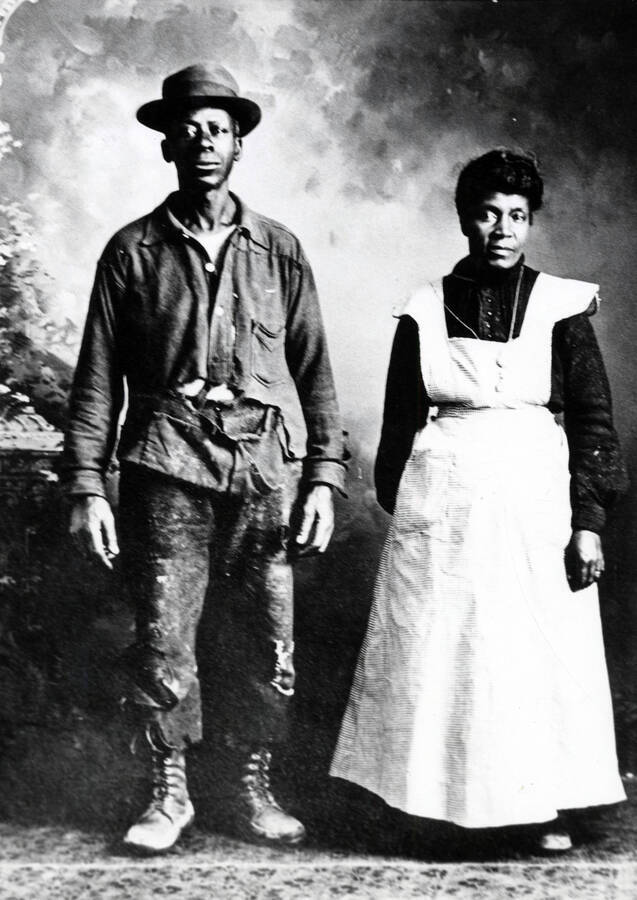 Joe and Lou Wells, pioneers of the Deary area. From Trees Grew Tall: 'Joe came from North Carolina with the Wells brothers, Frank and Crom, in 1889. He had been a slave, born in 1858, and freed by the Civil War. The Wells brothers took him as their ward and treated him like a brother. Joe loved them equally, and took their surname. When the Wells came West, Joe and his young wife, Lou, came along. '