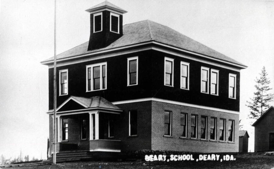 The old Deary schoolhouse, built about 1912. Charlie Miller and John G. Miller helped build it. Charlie Miller fell from the building, was injured, and died in 1915 as an indirect result.