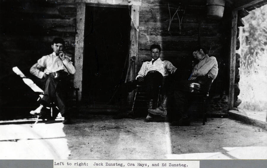 Left to right: Jack Zunsteg, Ora Hays, and Ed Zunsteg at Ora Hays' cabin on McGary Butte south of Bovill, Idaho.