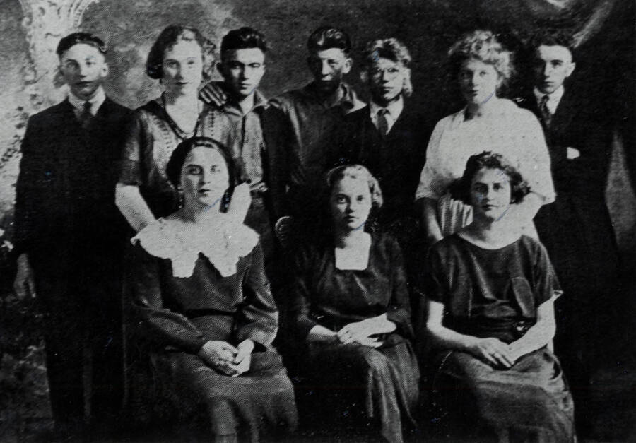Standing, from left: Kermit Waide, Edna Thorall, Leonard Miller, Elmer Kulver, Jack Wybark, Ivy Smith, Clair Gentry. Seated, from left: Winifred Olson, Winnie Miller, Ruth Olson.