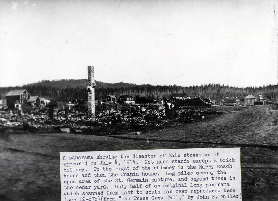 A panorama showing the disaster of Main Street as it appeared on July 4, 1914. Not much stands except a brick chimney. To the right of the chimney is the Harry Roach house and then the Chapin house. Log piles occupy the open area of the St. Germain pasture, and beyond these is the cedar yartd. Only half of an original long panoramawhich scanned from east to south has been reproduced here (see 12-83b).