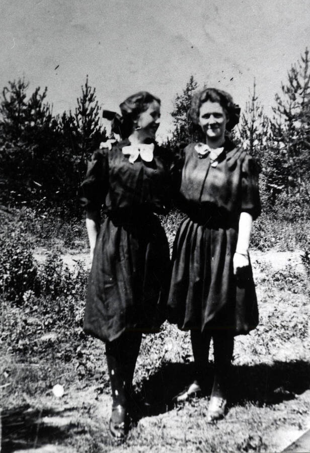 Nell Wood (left?) and Mabel Smith wearing 'gym bloomers,' about 1910. These outfits were used when they played basketball in the recreation hall at Pine and Second.